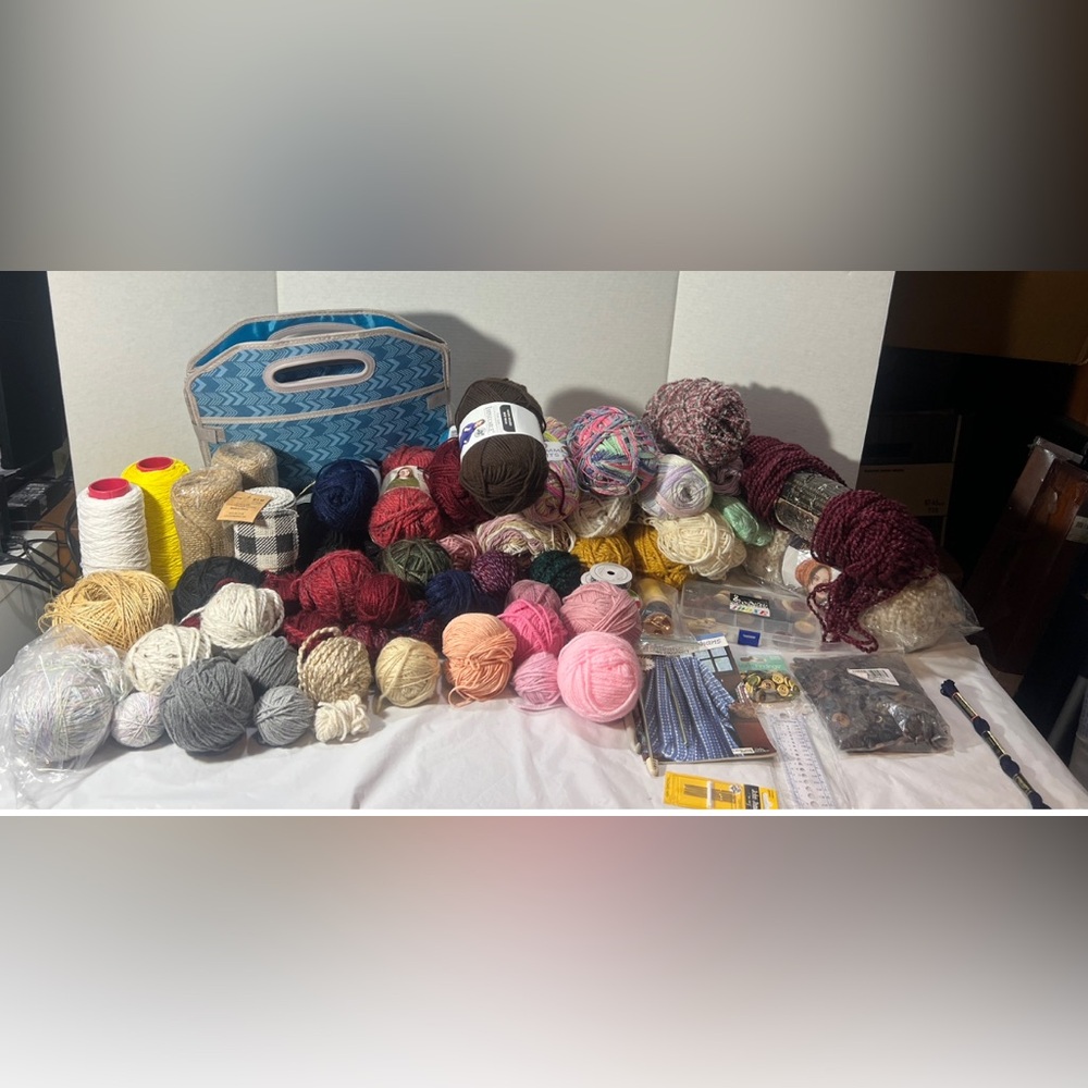 Collection of various yarns, Assorted Chunky and craft materials & storage bag.